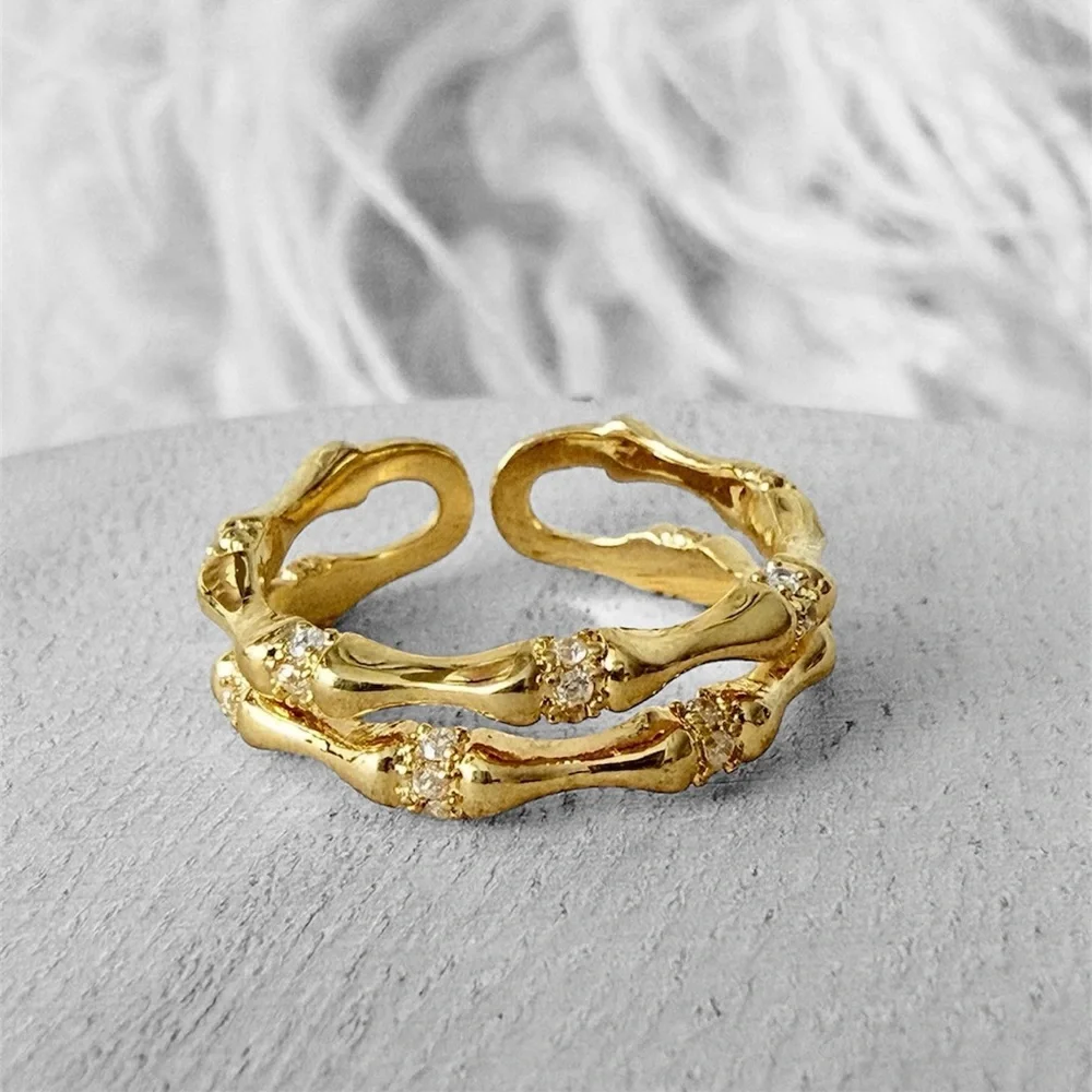 14K Gold Plated CZ Bamboo Style Double Band Ring | Adjustable Open Ring